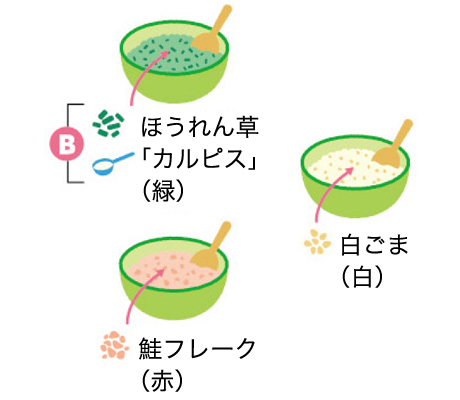 白ごま、鮭フレーク、ほうれん草をまぜ、三色ご飯をつくるイラスト